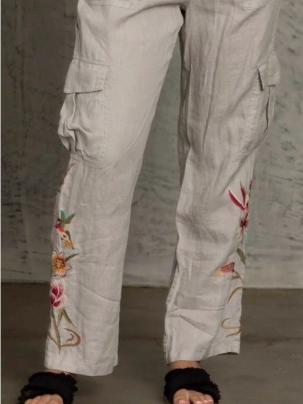Johnny Was Tan Embroidered Cargo Linen Pants - Women's